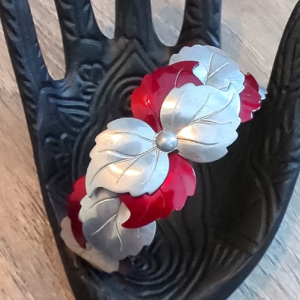 Vintage Aluminum Art Deco Red and Silver Leaf Cuff